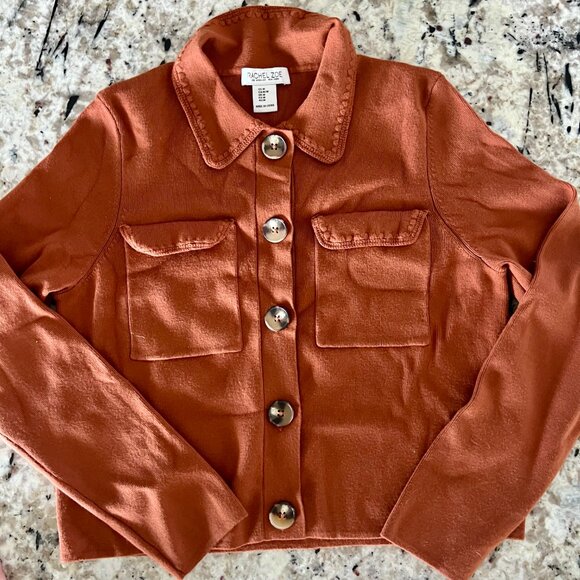 Stylish Cropped Button-Up Sweater \ Cardigan Burnt Orange | Rust M - Picture 6 of 10